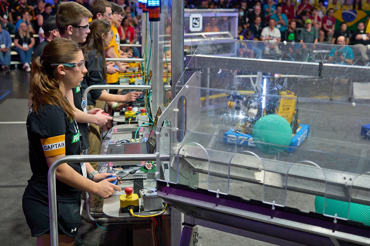 FIRST Robotics Competition students driving robots at FIRST Championship