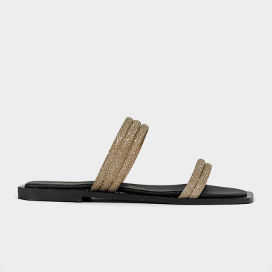 Δερμάτινη Παντόφλα Με Λουριά & Διακριτική Λάμψη 237 Μαύρο-Χρυσό