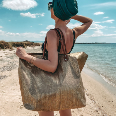 Μεγάλη Ψάθινη Τσάντα Θαλάσσης Pierre Cardin Β956 Ταμπά-Χρυσό