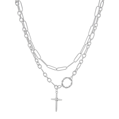 Διπλή αλυσίδα λαιμού με σταυρό HS4607-12 - Ασημί