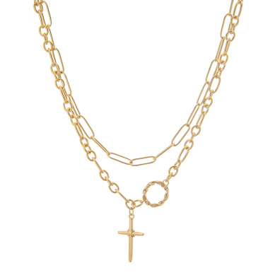 Διπλή αλυσίδα λαιμού με σταυρό HS4607-12 - Χρυσό