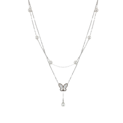 Διπλή αλυσίδα λαιμού με πεταλούδα DJ-008 - Ασημί