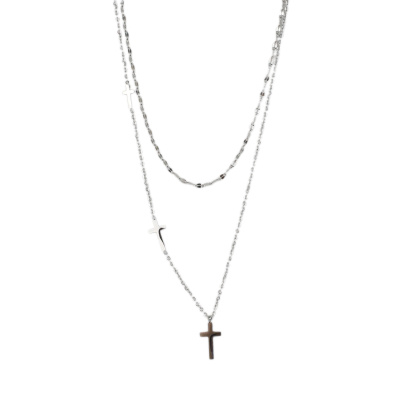 Διπλή αλυσίδα λαιμού με σταυρό DJ-013 - Ασημί