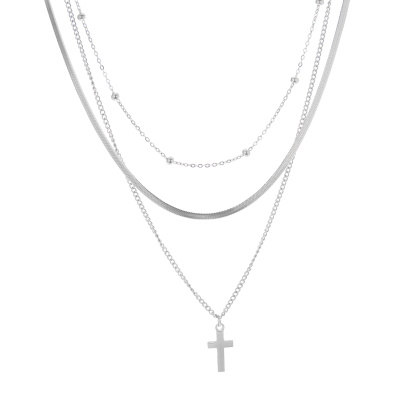 Τριπλή αλυσίδα λαιμού με σταυρό MN43-59-5 - Ασημί